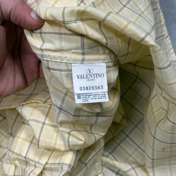 Valentino Jeans Dress Shirt Yellow Check Long Sleeve 100% Cotton 17.5 XXL - Picture 9 of 12
